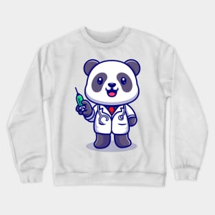 Cute Panda Doctor With Syringe Cartoon Crewneck Sweatshirt